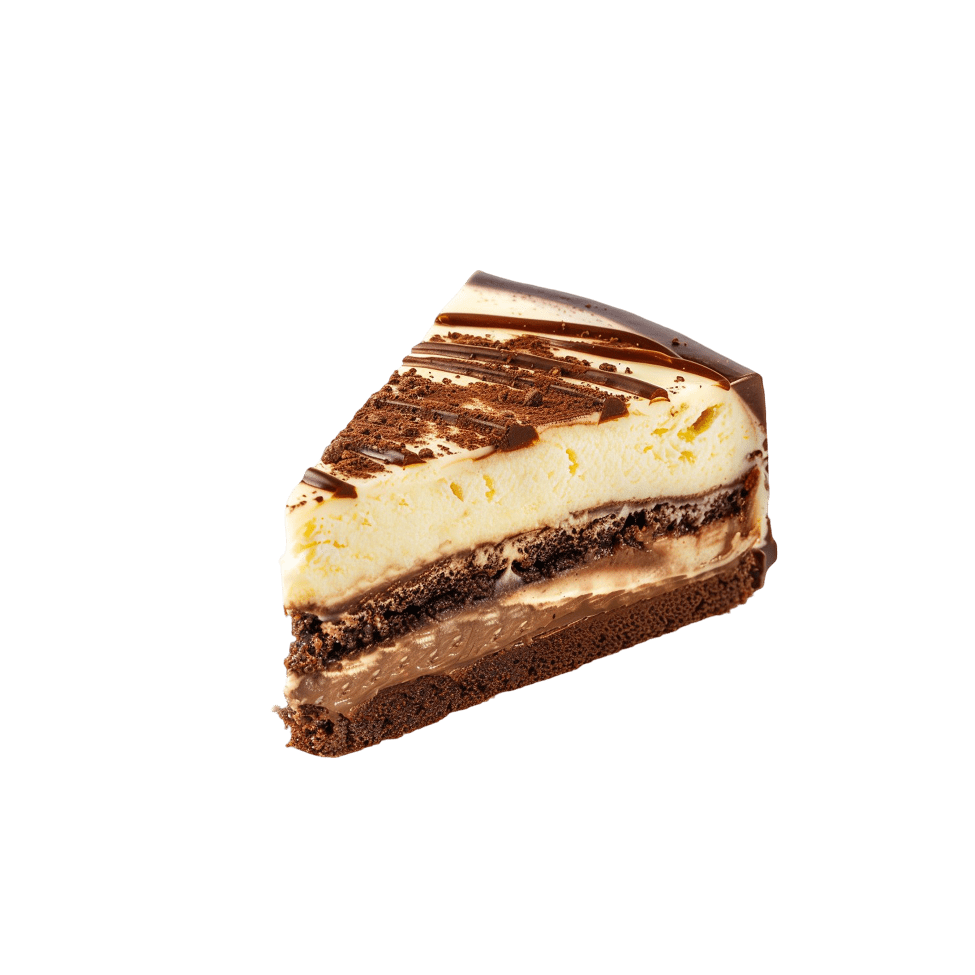 Tranche de gâteau au chocolat multicouches avec fondant chocolat, mousse vanille et base de brownie
