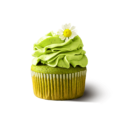 Cupcake avec glaçage vert pistache et décoration florale jaune et blanche
