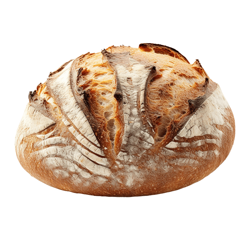 Pain artisanal rond avec croûte dorée et entailles caractéristiques, farine blanche saupoudrée, aspect rustique et