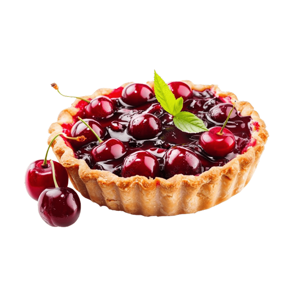 Tarte aux cerises avec croûte dorée, garnie de cerises rouges brillantes et de feuilles de menthe fraîche