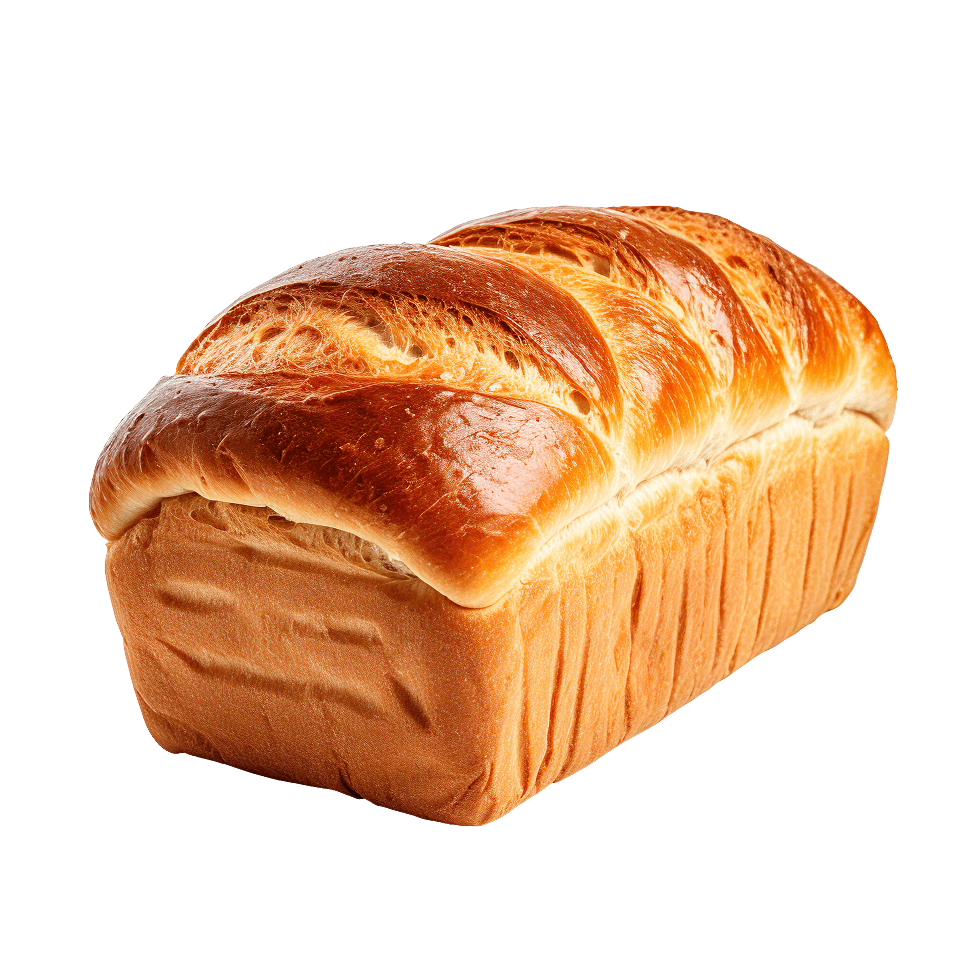 Pain de mie artisanal avec croûte dorée et brillante, tranché régulièrement, présenté sur fond blanc