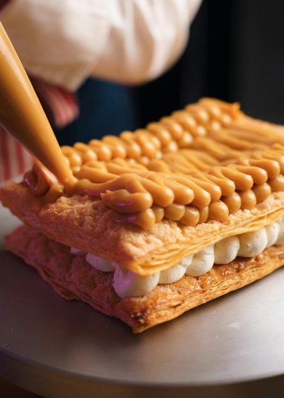 Éclair au café garni de crème fouettée et coulis caramel, présenté sur assiette blanche avec décoration rose