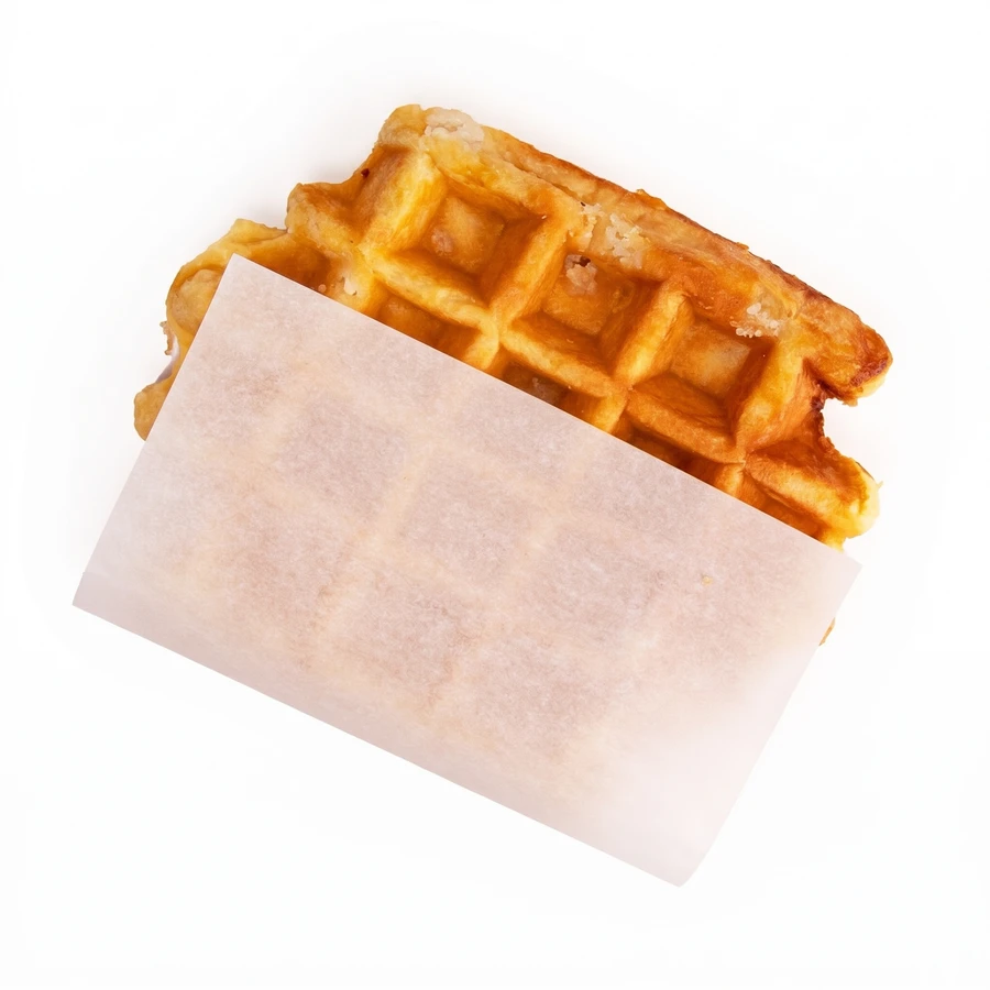 Gaufre de Liège dorée posée sur papier alimentaire blanc plié