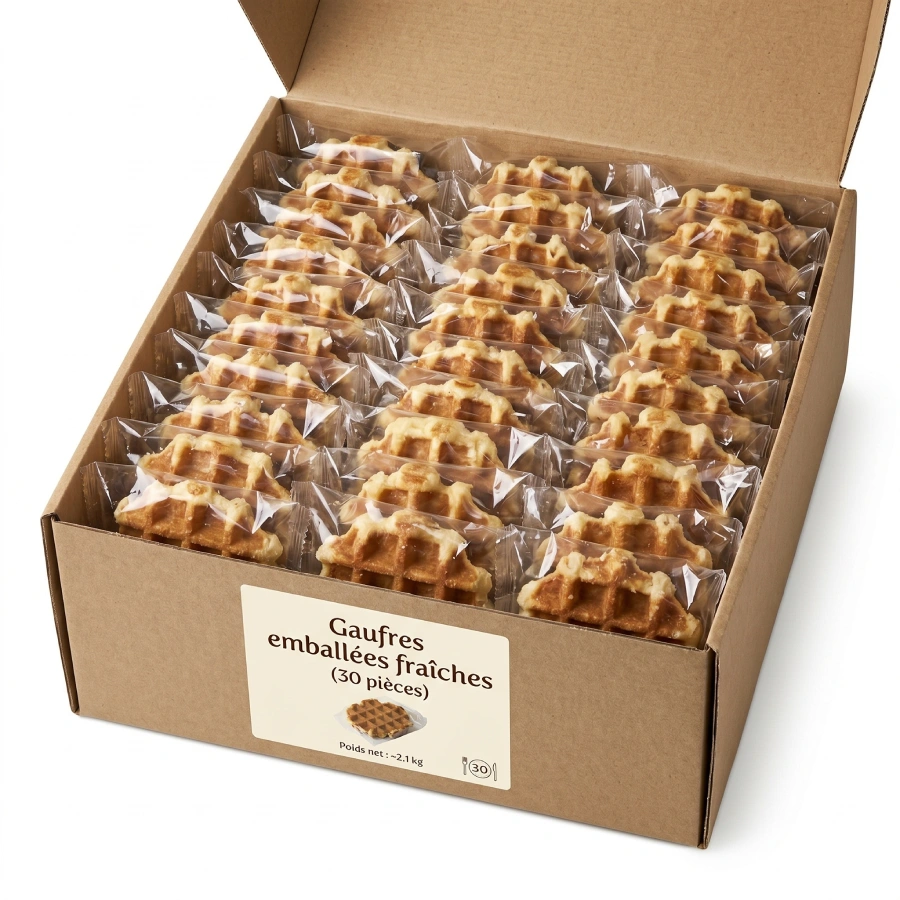 Boîte carton contenant 30 gaufres emballées individuellement sous film transparent, gaufres de couleur dorée avec perles de