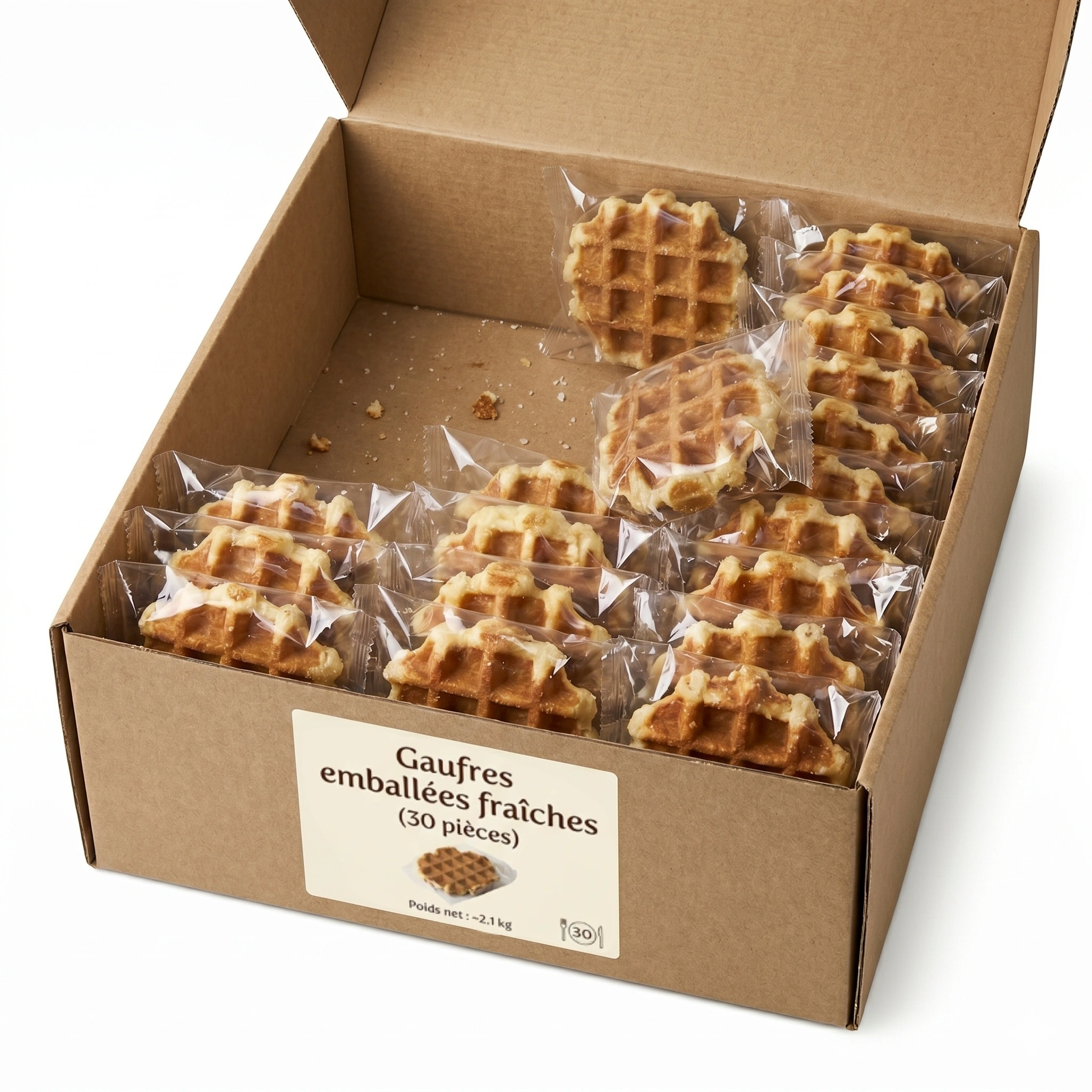 Boîte carton ouverte contenant 30 gaufres emballées individuellement sous film transparent, avec une étiquette indiquant