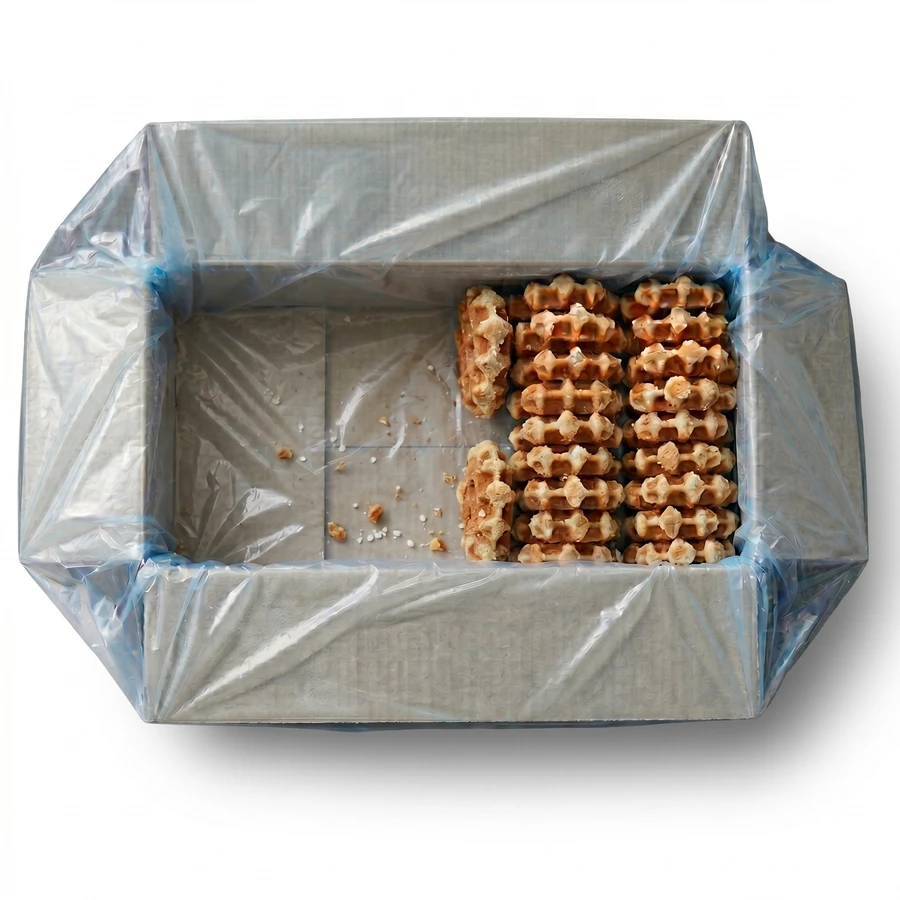 Carton de gaufres de Liège congelées en vrac avec gaufres empilées et perles de sucre visibles