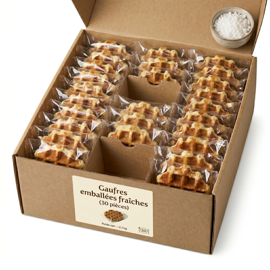 Boîte carton contenant 30 gaufres emballées individuellement sous film transparent, avec un pot de sucre blanc en poudre et