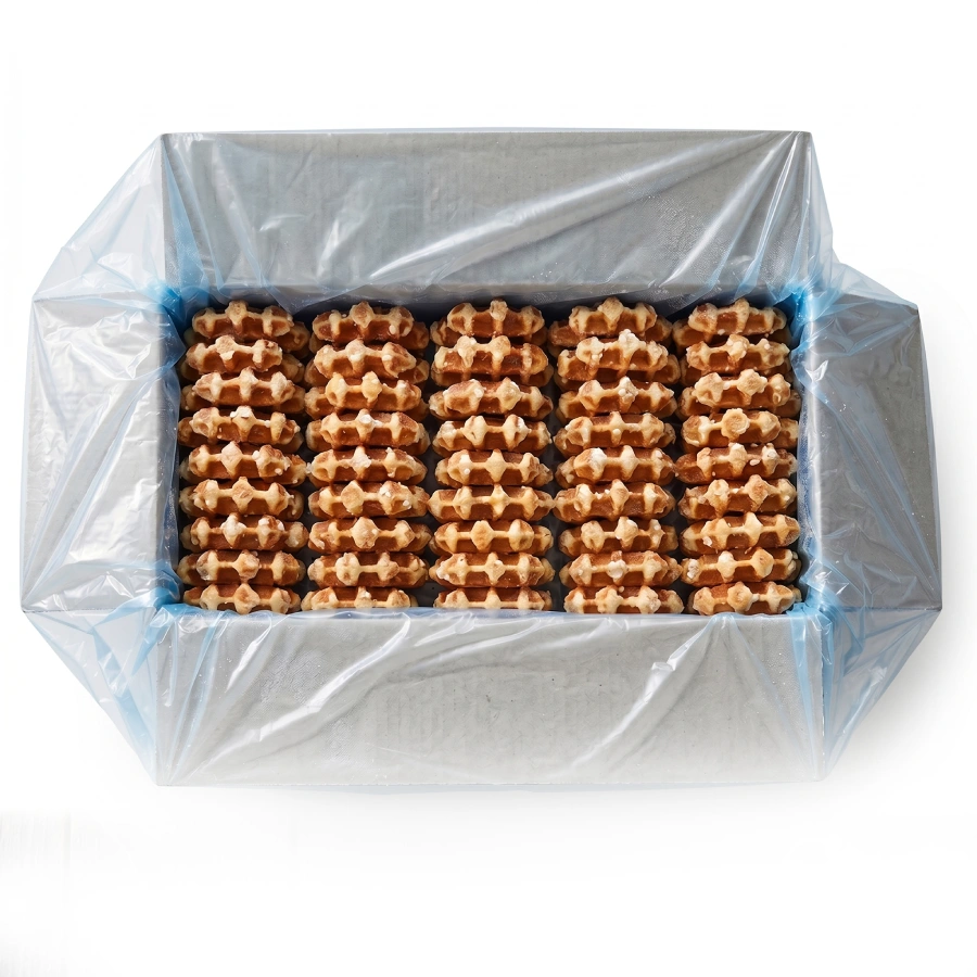 Carton de gaufres de Liège congelées en vrac, environ 30 pièces dorées avec perles de sucre, emballées sous film plastique