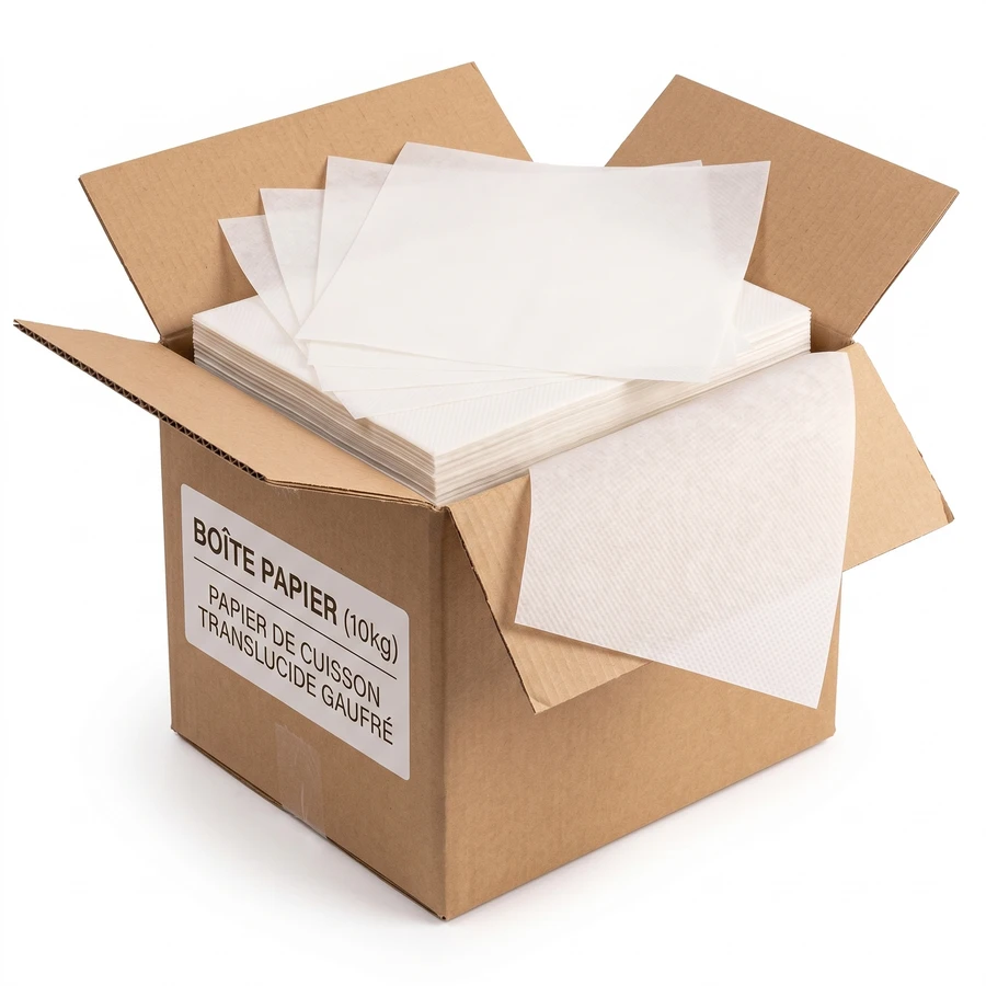 Boîte carton ouverte de 10 kg contenant des feuilles de papier blanc de cuisson translucide empilées
