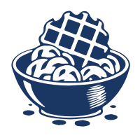 Bol de gaufres de Liège avec gaufrier et perles de sucre, illustration stylisée en bleu et blanc