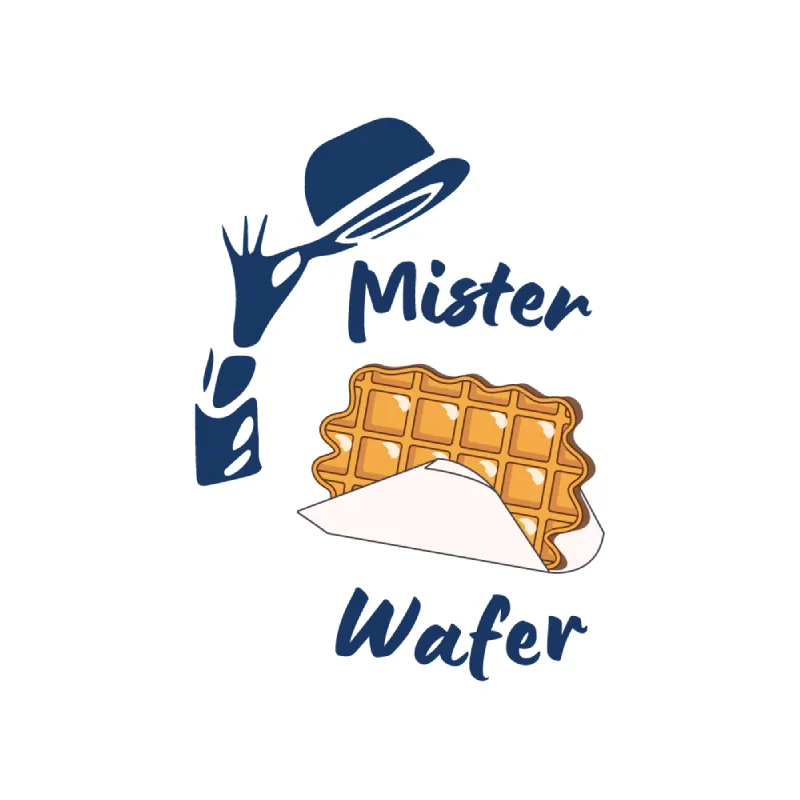 Logo Mister Wafer avec silhouette de main tenant un chapeau bleu et gaufre dorée enrobée de papier blanc