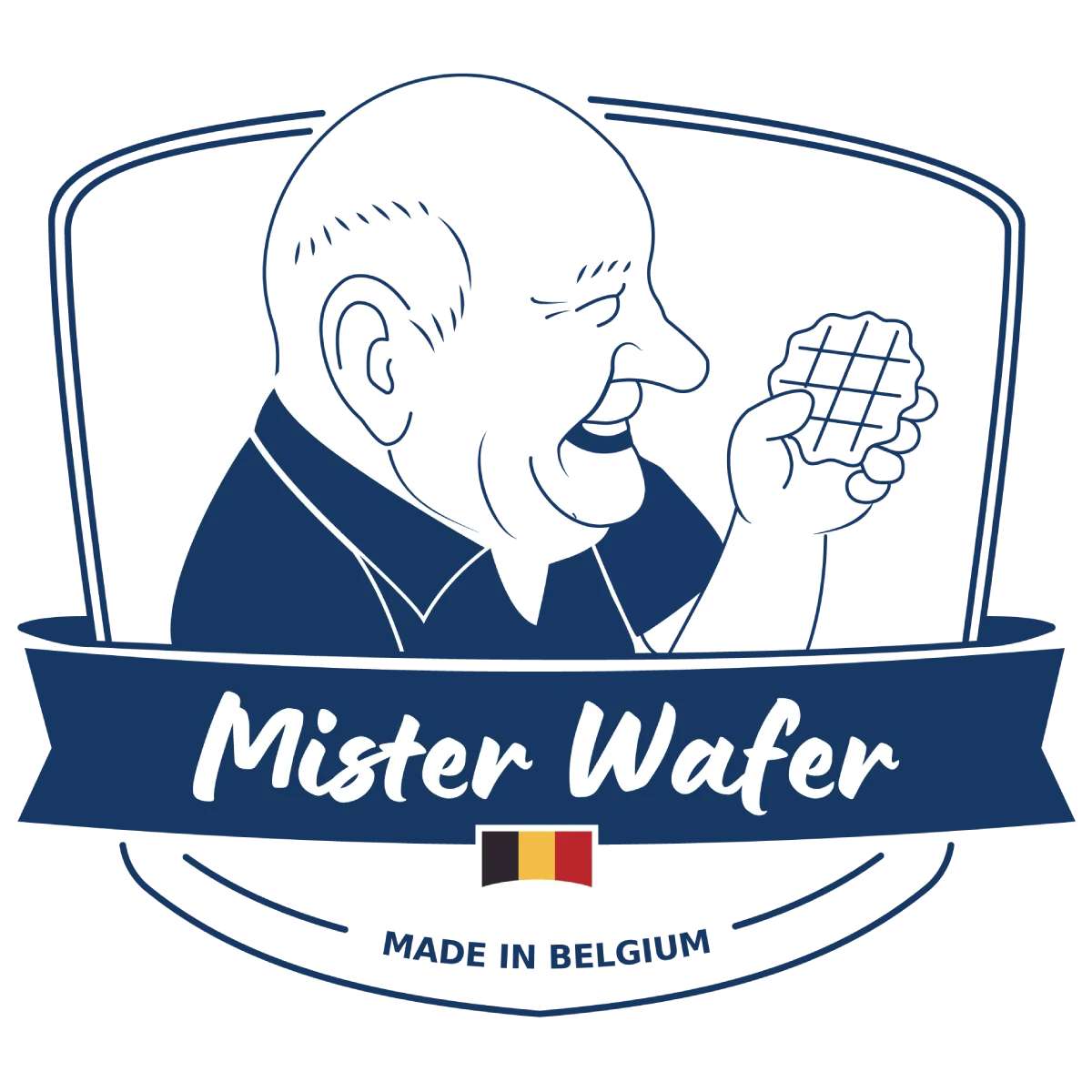 Homme âgé tenant une gaufre de Liège carrée, logo Mister Wafer, Made in Belgium