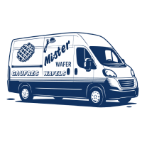Fourgonnette de livraison blanche et bleue Mister Wafer avec logo et texte de branding pour gaufres artisanales