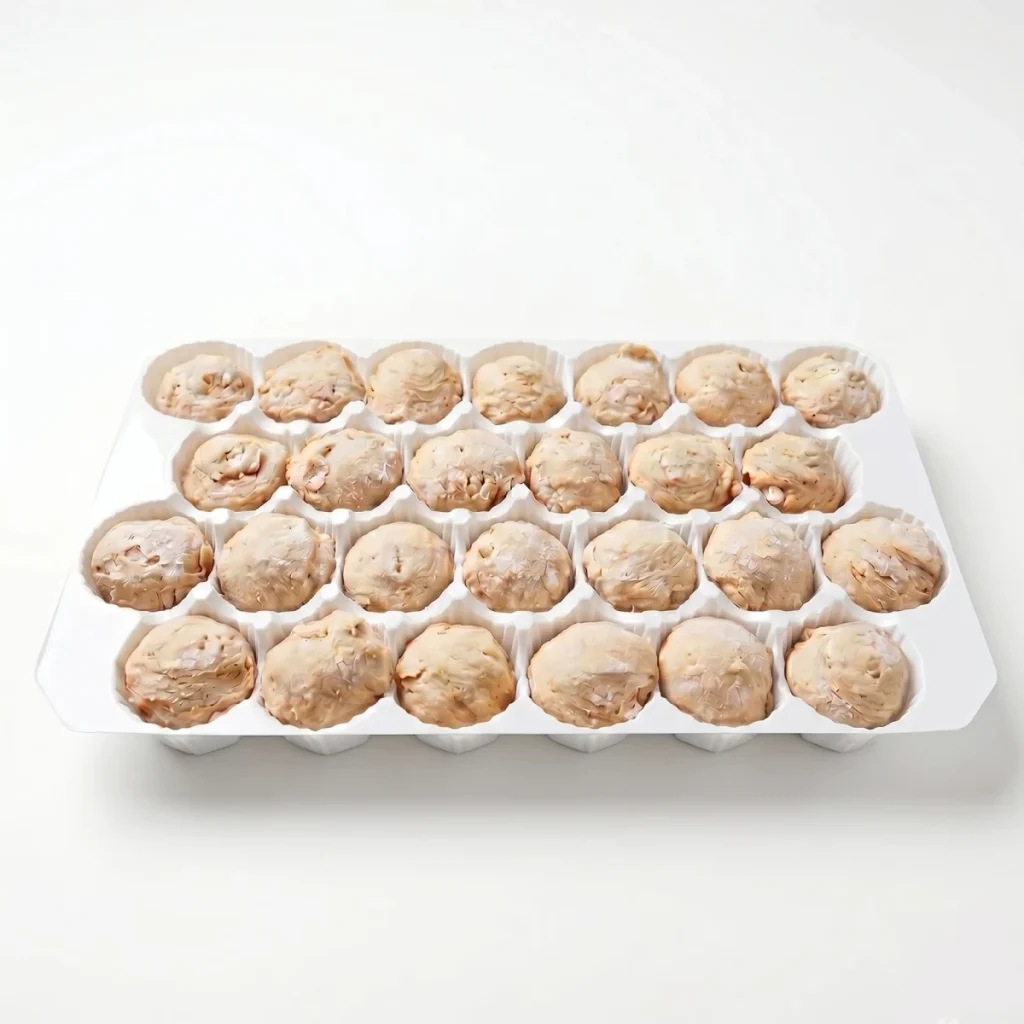 Carton de 24 meringues beiges parsemées de noisettes, arrangées en rangées régulières dans un bac alvéolé blanc