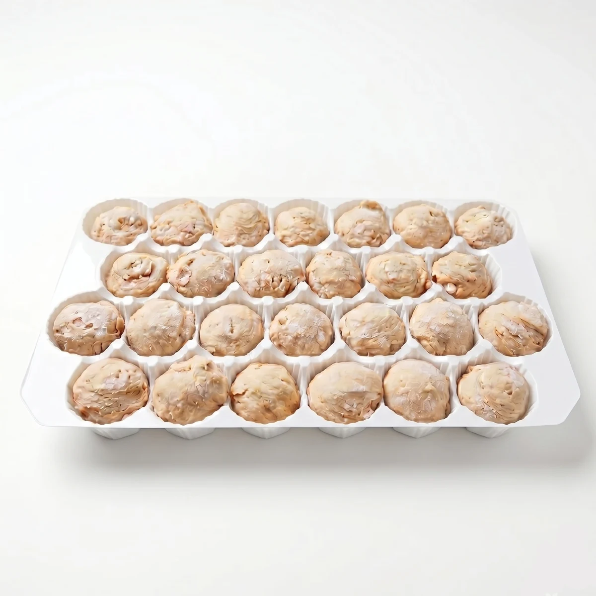 Carton de 24 meringues beiges parsemées de noisettes, arrangées en rangées régulières dans un bac alvéolé blanc